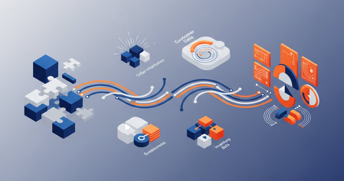 Dashboard met WooCommerce en AFAS logo's verbonden door datastromen, visualisatie van order- en voorraadgegevens die tussen systemen synchroniseren