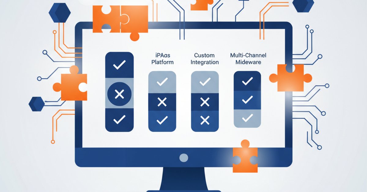 Vergelijkingstabel op computerscherm met vier kolommen voor verschillende integratieoplossingen, checkmarks en kruisjes tonen voor- en nadelen per optie