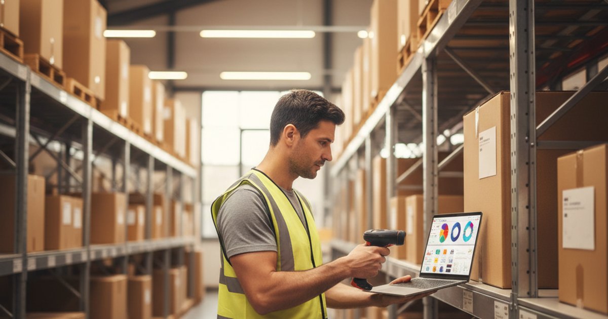 Magazijnmedewerker scant pakketjes met barcodescanner terwijl laptop orderdashboard toont