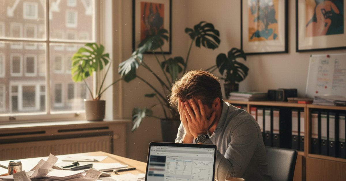 Ondernemer achter laptop die voorraadsysteem bekijkt met dozen op de achtergrond
