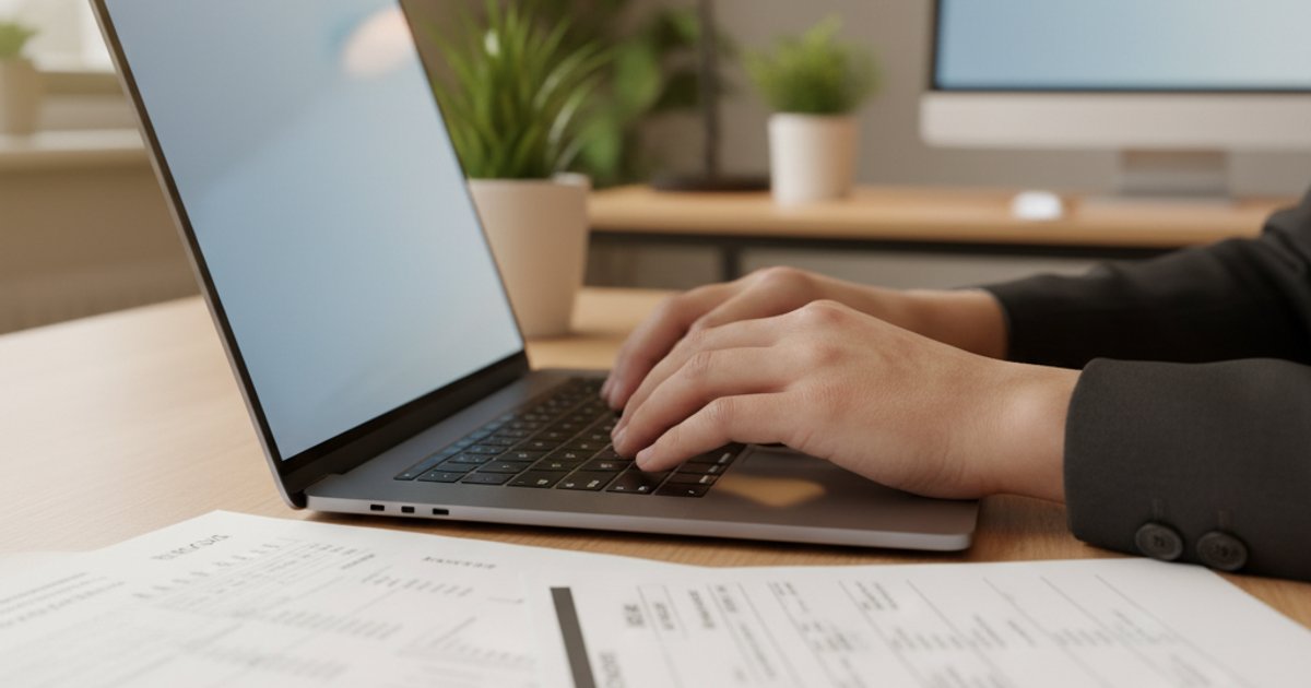 Handen typen op laptop met facturen en orderdocumenten op bureau tijdens administratie