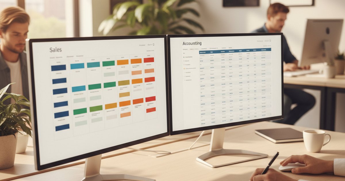 HubSpot CRM en Exact Online boekhouding dashboard op twee schermen in modern kantoor