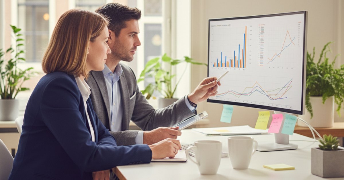 Twee professionals bekijken financiële rapporten op scherm tijdens analyse van ERP e-commerce integratie resultaten