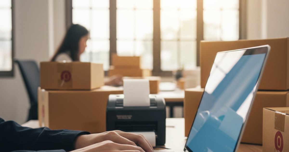 Handen typen op laptop met verzendlabels en dozen op achtergrond tijdens Magento SAP order verwerking