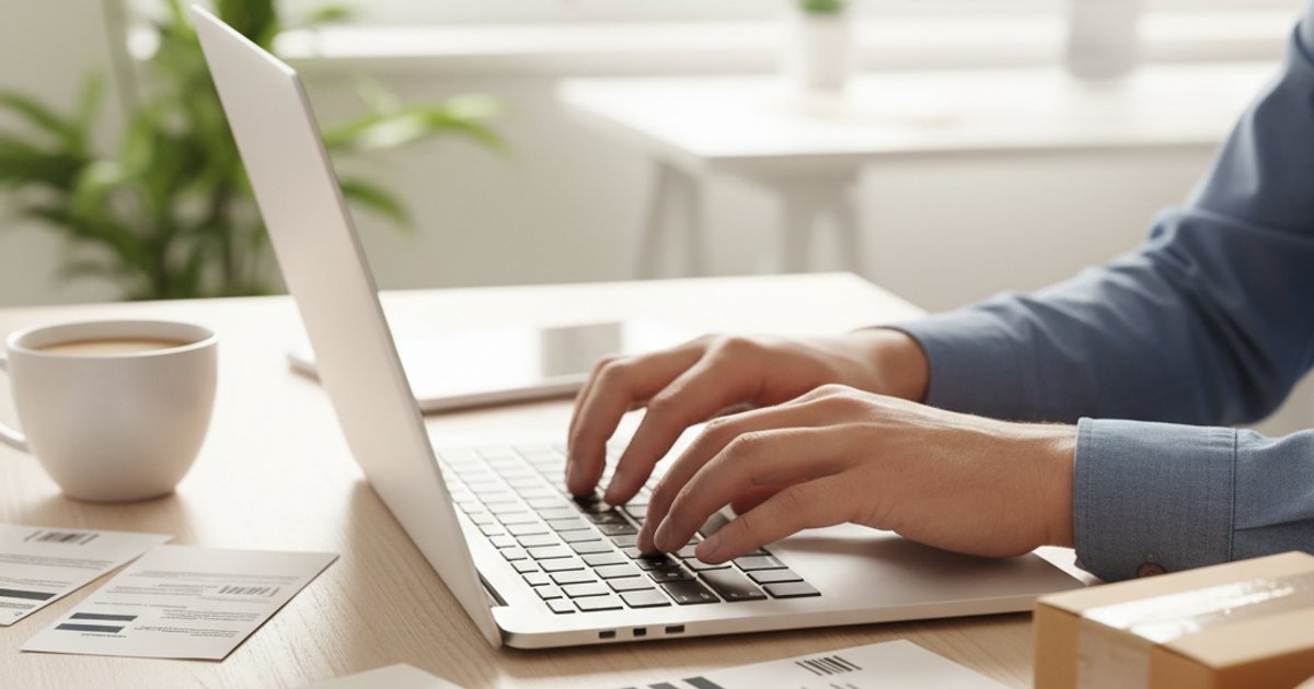 Close-up van handen die op laptop typen met verzendlabels en dozen op achtergrond