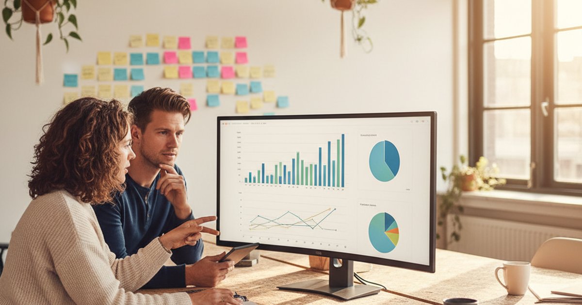 Twee ondernemers bespreken rapporten op groot computerscherm in modern kantoor