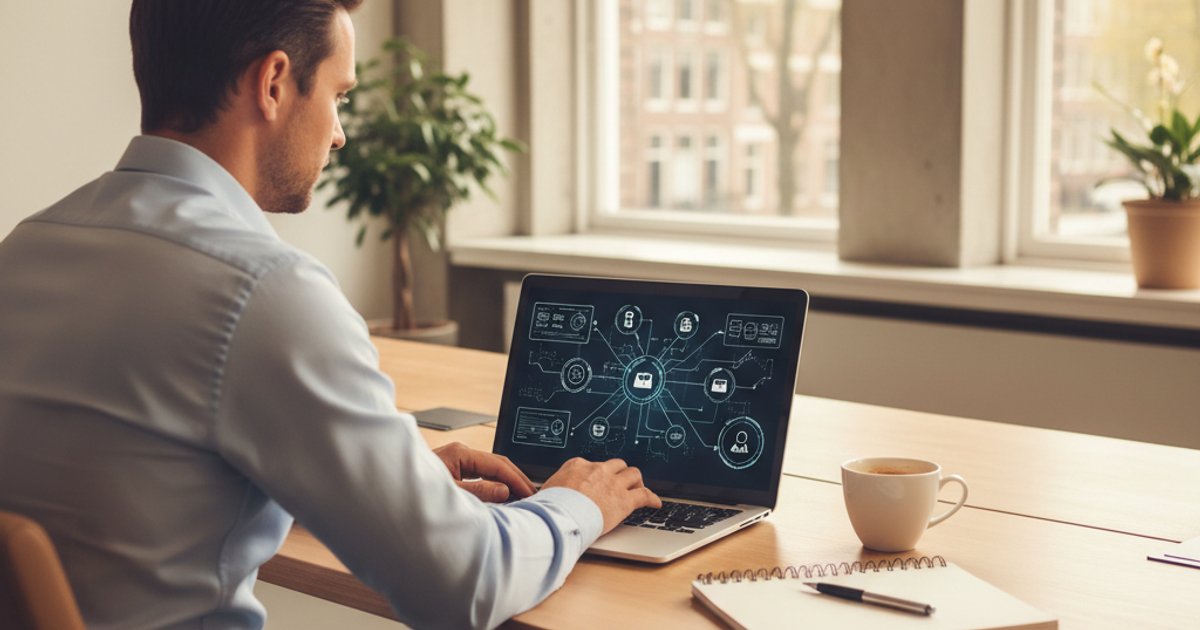 Zakelijk professional analyseert beveiligde datastromen tussen bedrijfssystemen op laptop met netwerkdiagram