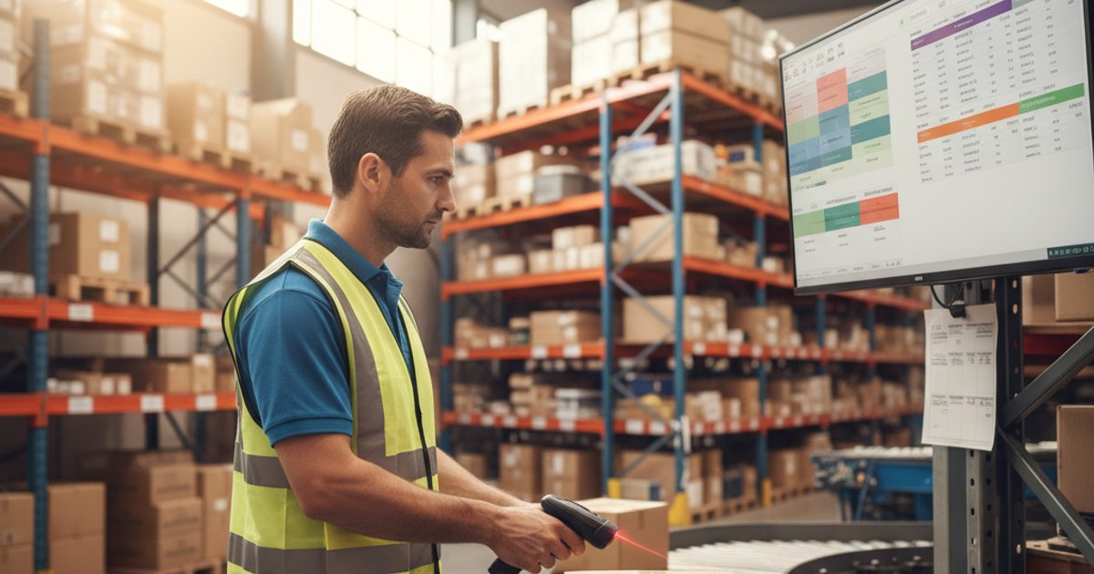 Magazijnmedewerker scant pakket met barcodescanner terwijl orderdashboard realtime voorraad toont op wandmonteerde monitor