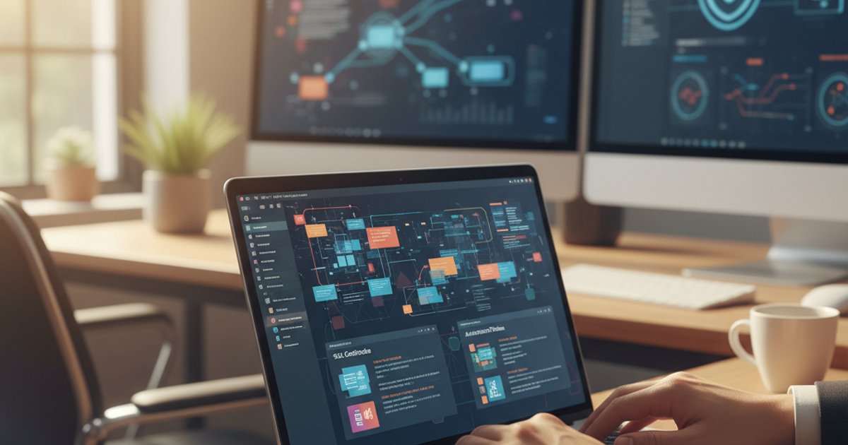 Developer controleert veilige API-configuratie met encryptie-instellingen en authenticatie op laptop in kantooromgeving