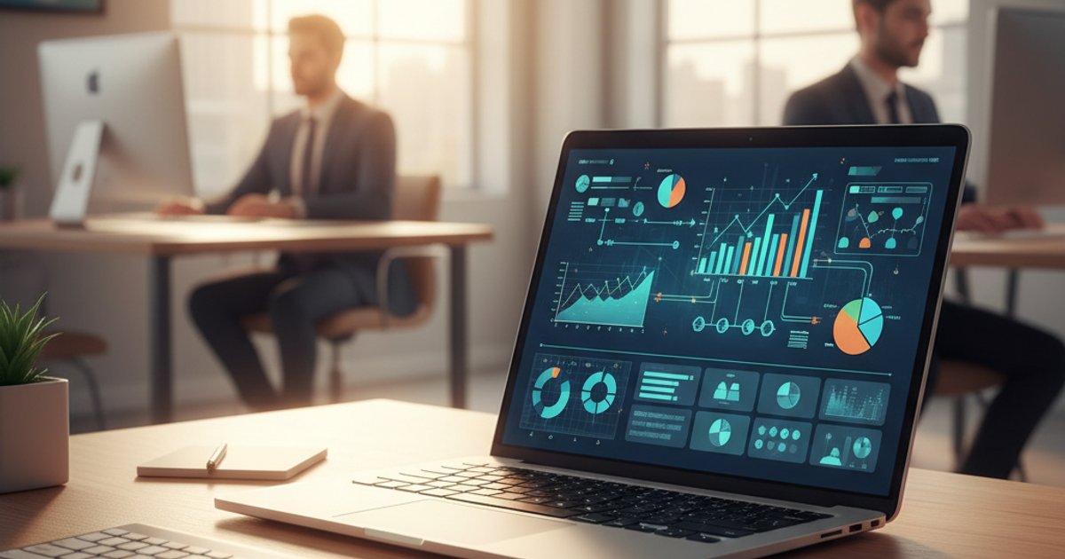 Laptop scherm met dashboard van geintegreerde systemen en datastromen