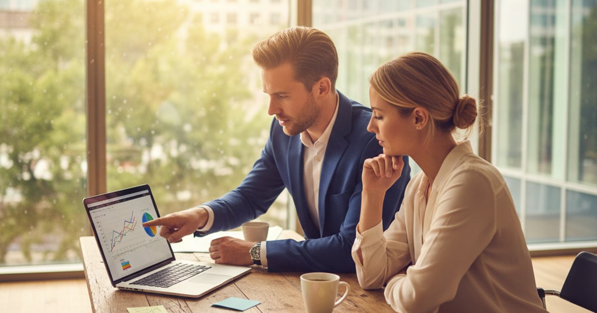 Twee ondernemers vergelijken ERP systemen op laptop in modern kantoor
