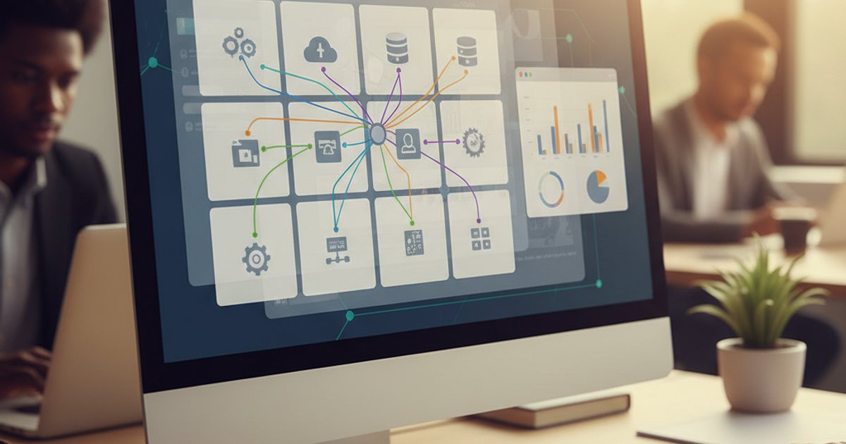 Computer scherm met verschillende software iconen en verbindingslijnen tussen systemen