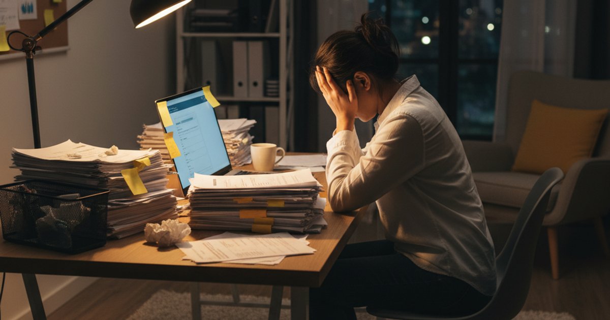 Ondernemer achter laptop met stapels orderbevestigingen en facturen op bureau