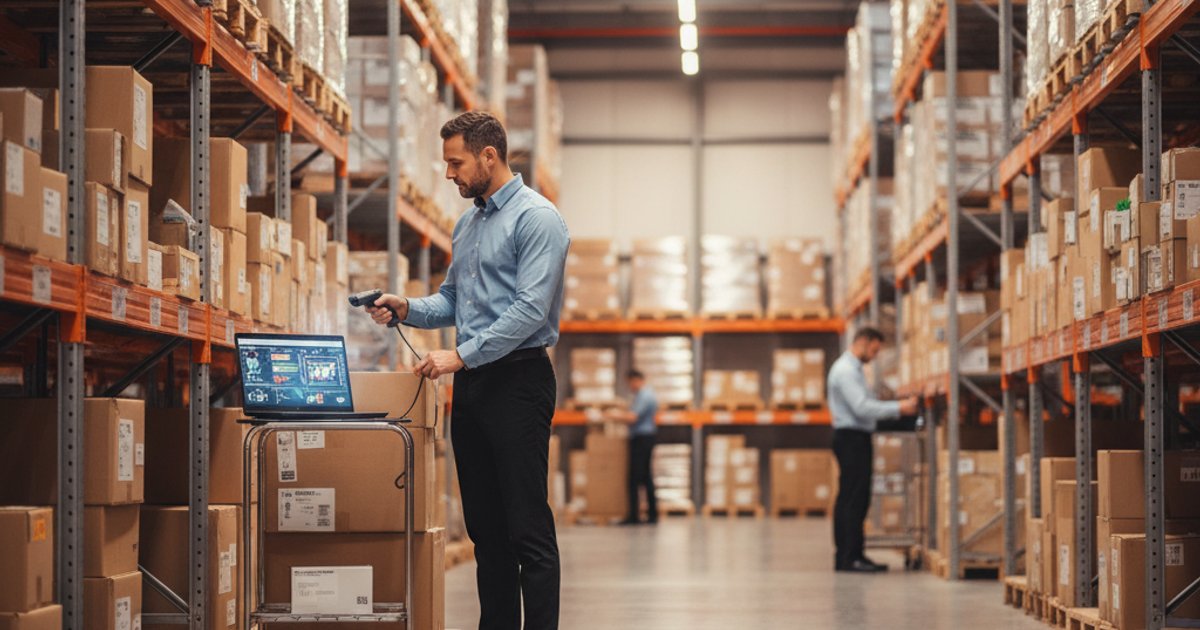 Warehouse manager controleert voorraad op laptop naast pakketjes in modern magazijn