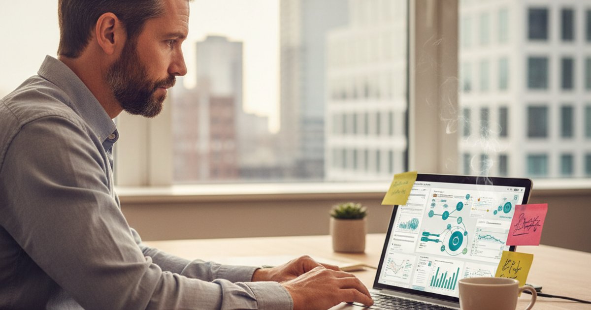 Ondernemer bekijkt dashboard met systeemintegraties op laptop in modern kantoor