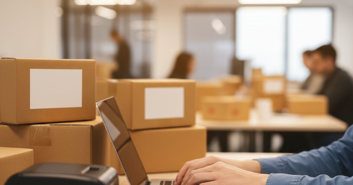 Close-up van handen die verzendlabels printen met laptop en pakketjes op bureau