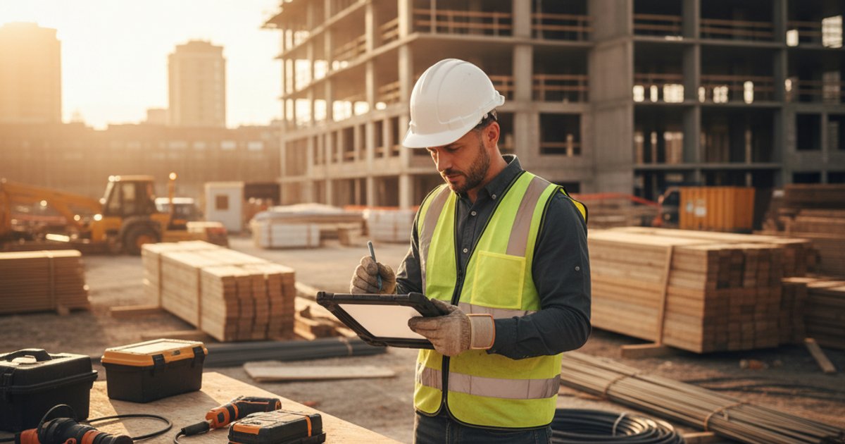 Bouwplaats met monteur die digitaal werkbonnen invult op tablet gekoppeld aan boekhoudsysteem