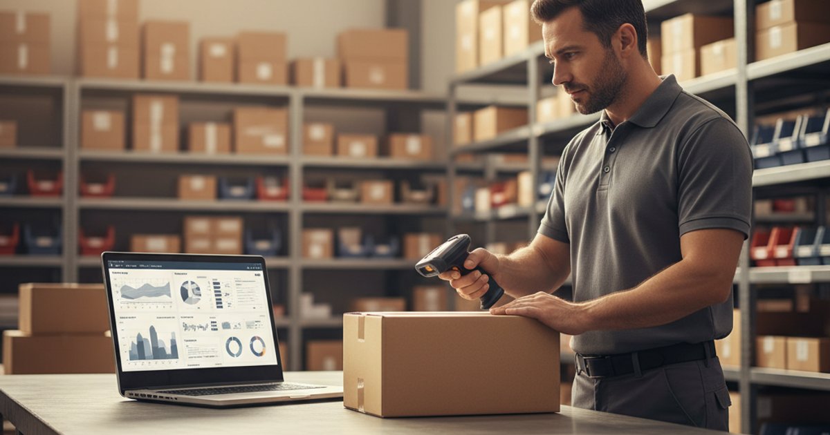 Magazijnmedewerker scant pakket met barcodescanner terwijl voorraadsysteem automatisch synchroniseert met webshop