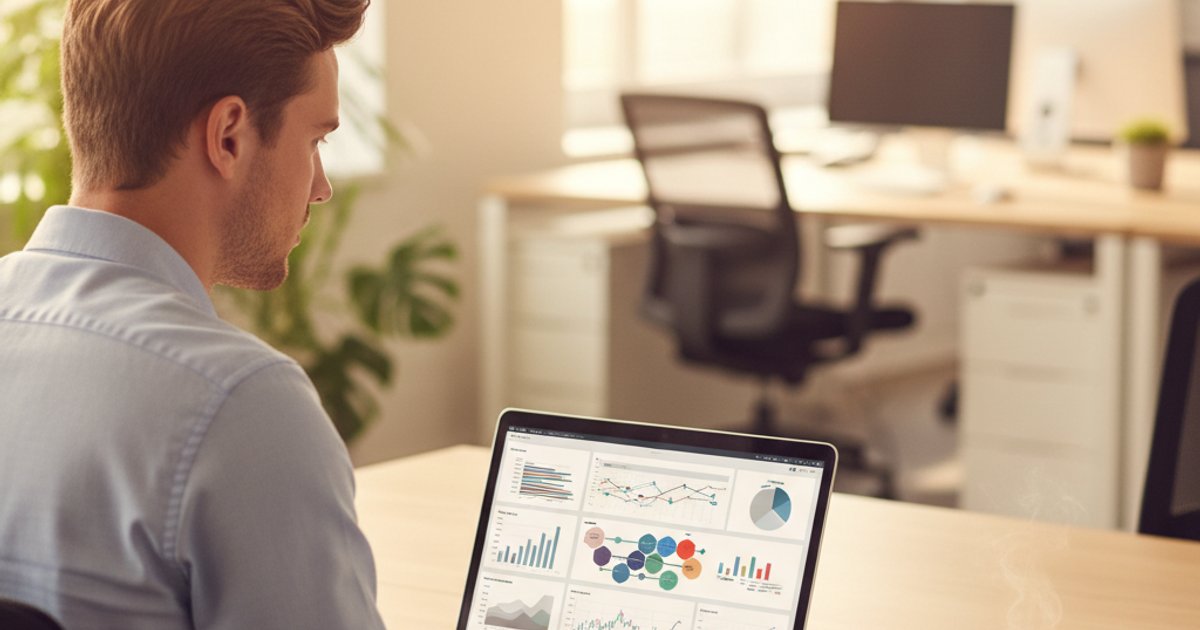 Ondernemer bekijkt financiële dashboard met ordersystemen en boekhoudkoppelingen op laptop