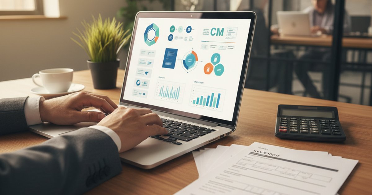 Laptop met Salesforce CRM scherm en facturen op bureau voor integratie met boekhoudpakket