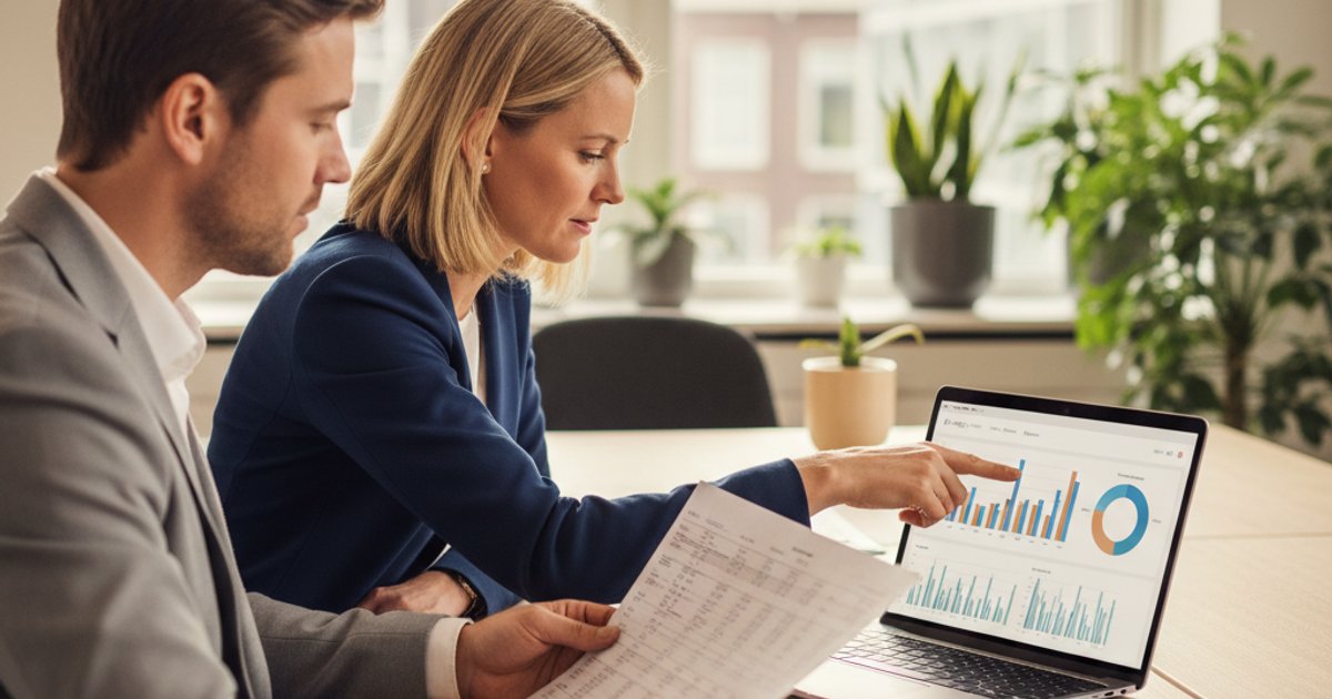 Twee medewerkers werken samen aan sales en financiële data op een laptop