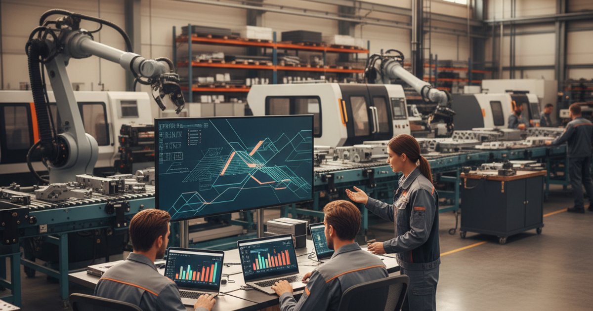 Productiehal met werknemers die laptops gebruiken voor order- en productiebeheer