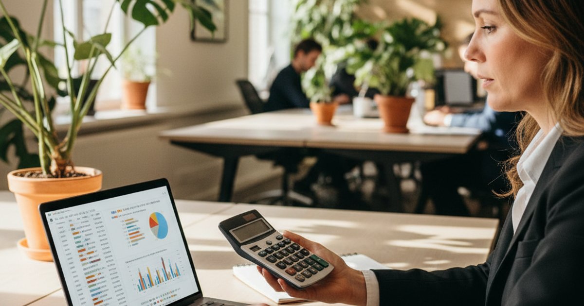 Ondernemer berekent ROI van automatische facturatie integratie met calculator en spreadsheet