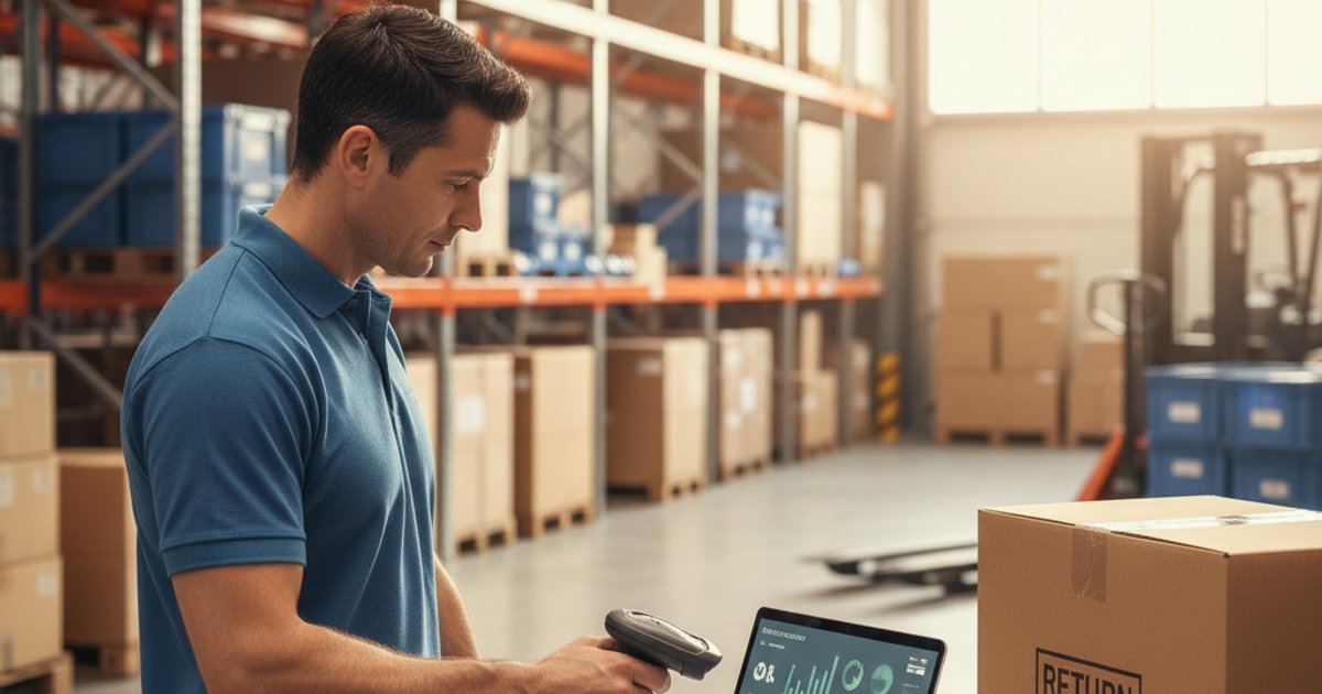 Magazijnmedewerker scant retourpakket met barcode scanner naast laptop met ordersysteem