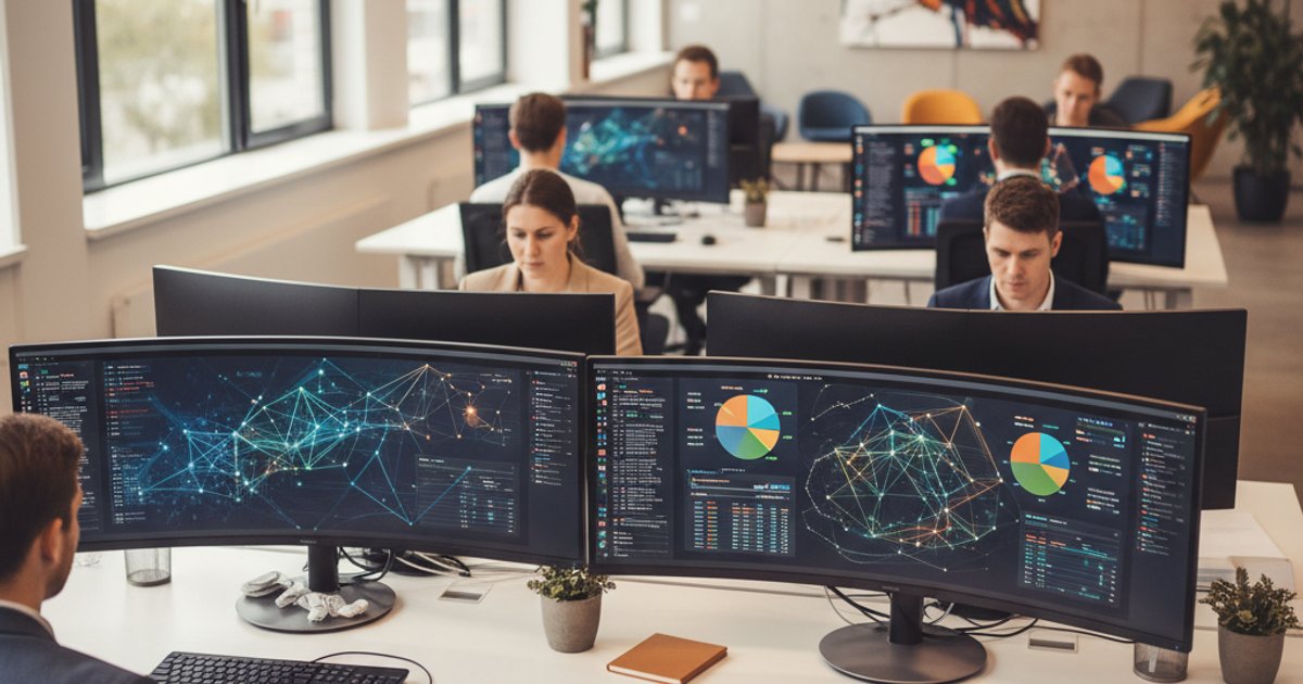 Modern kantoor met ERP systeem dashboards op meerdere beeldschermen