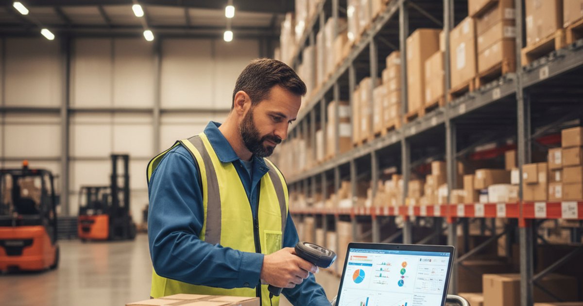 Magazijnmedewerker scant pakket met barcodescanner bij voorraadsysteem