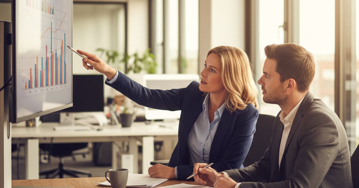 Zakelijke professionals bekijken financiële rapporten op beeldscherm in modern kantoor