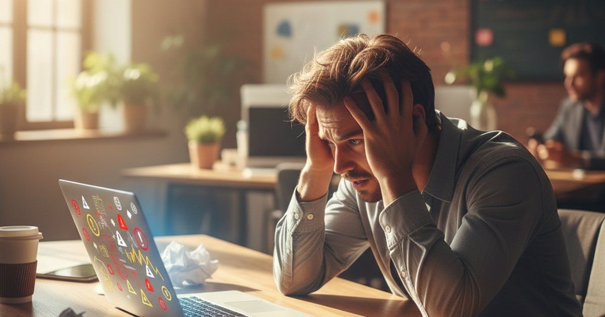 Ondernemer met foutmeldingen op laptop na integratie-uitval in modern kantoor