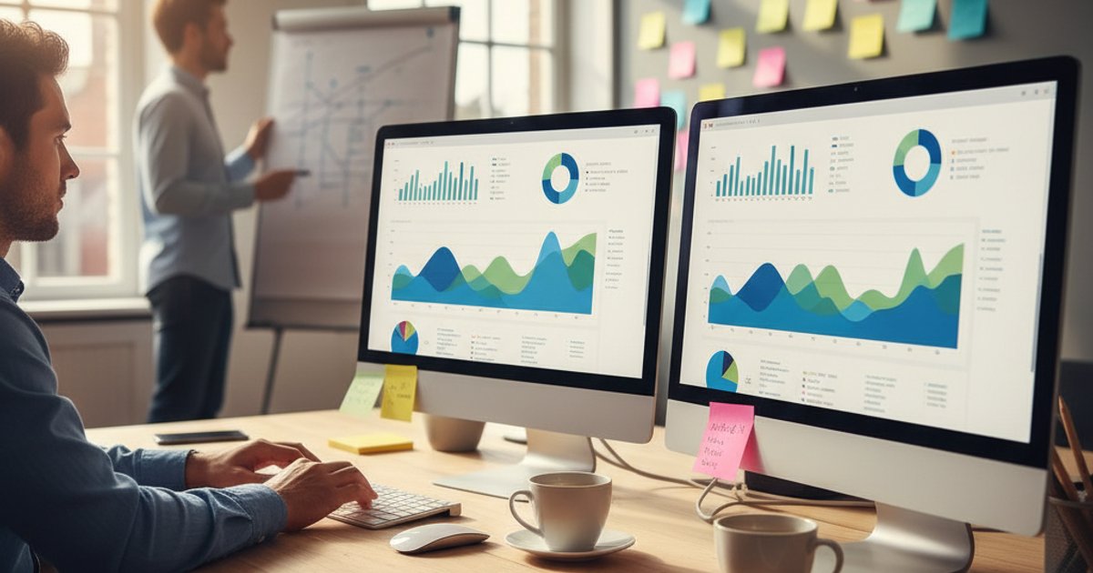 Dubbel scherm met financiële dashboards en verkoopgrafieken voor integratie-monitoring
