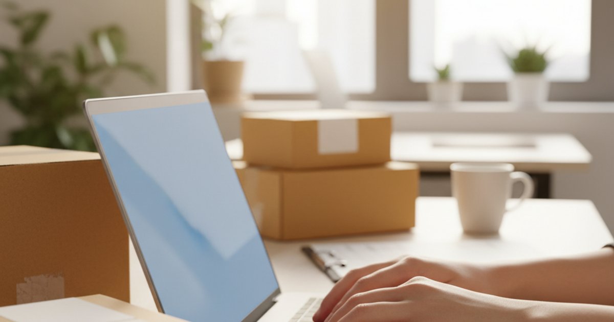 Handmatige data-invoer op laptop met verzendlabels en dozen op achtergrond