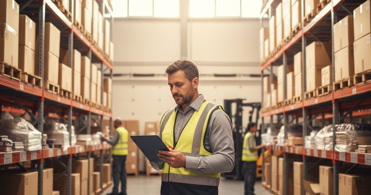 Magazijnbeheerder controleert voorraad met tablet in geautomatiseerd distributiecentrum