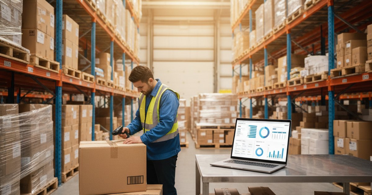 Magazijnmedewerker scant voorraad met barcodescanner, realtime voorraad dashboard zichtbaar
