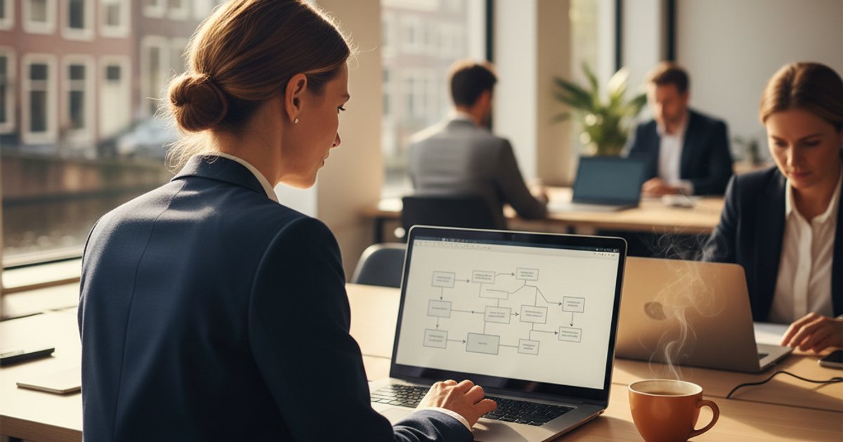 Ondernemer bekijkt integratieplatform workflow op laptop in modern kantoor