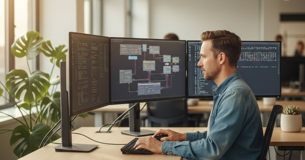 Ontwikkelaar programmeert maatwerk API-integratie met code op meerdere schermen