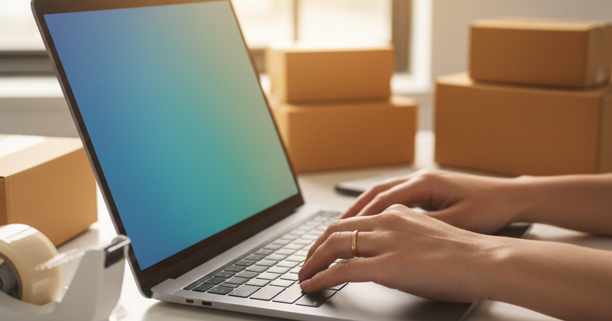 Handen typen Amazon verzendgegevens op laptop met verzendlabels en pakketten