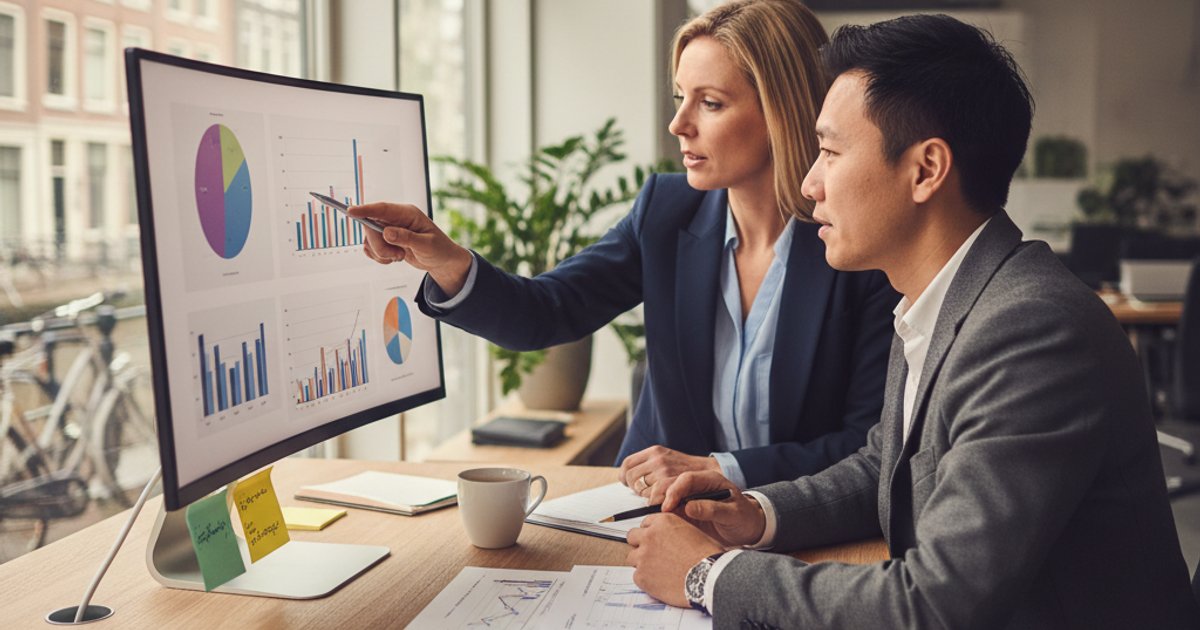 Ondernemers analyseren Amazon verkoop en btw-rapportages op beeldscherm kantoor