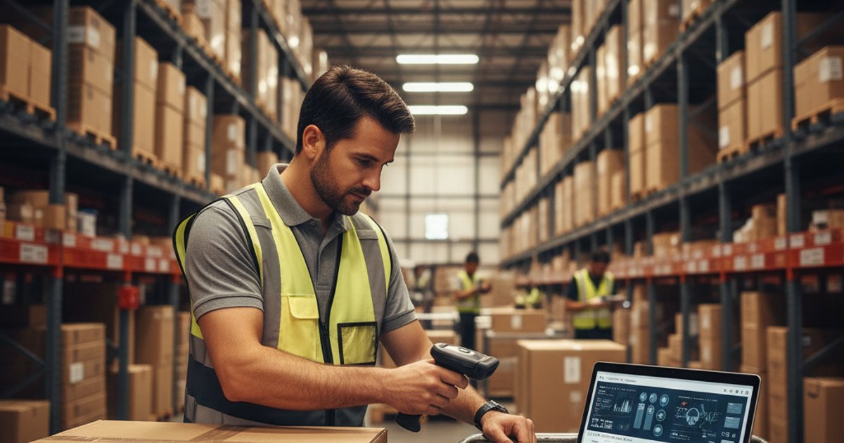 Magazijnmedewerker scant Amazon orders met barcodescanner en laptop orderdashboard