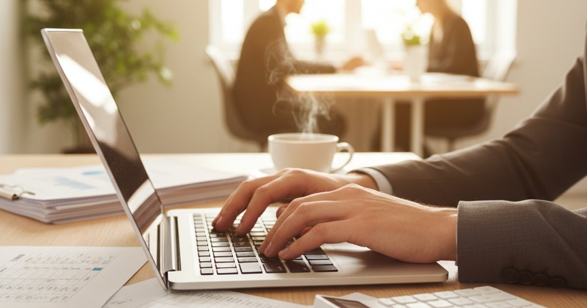 Financieel medewerker die facturen controleert met rekenmachine en laptop op kantoor