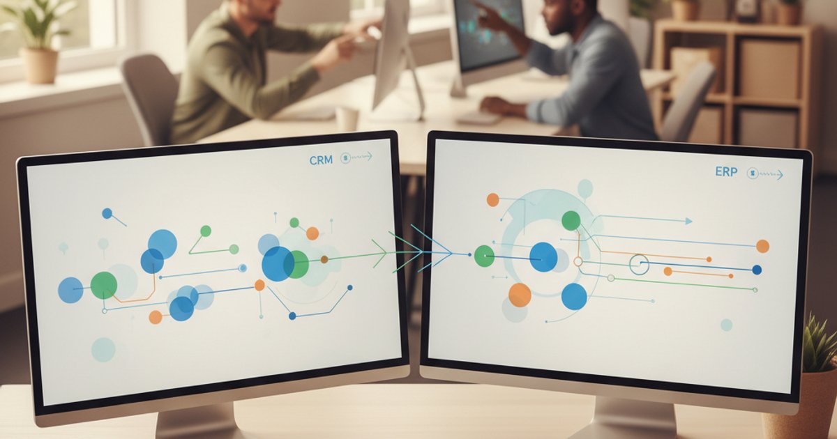 Twee computerschermen naast elkaar met CRM dashboard en ERP systeem die data synchroniseren