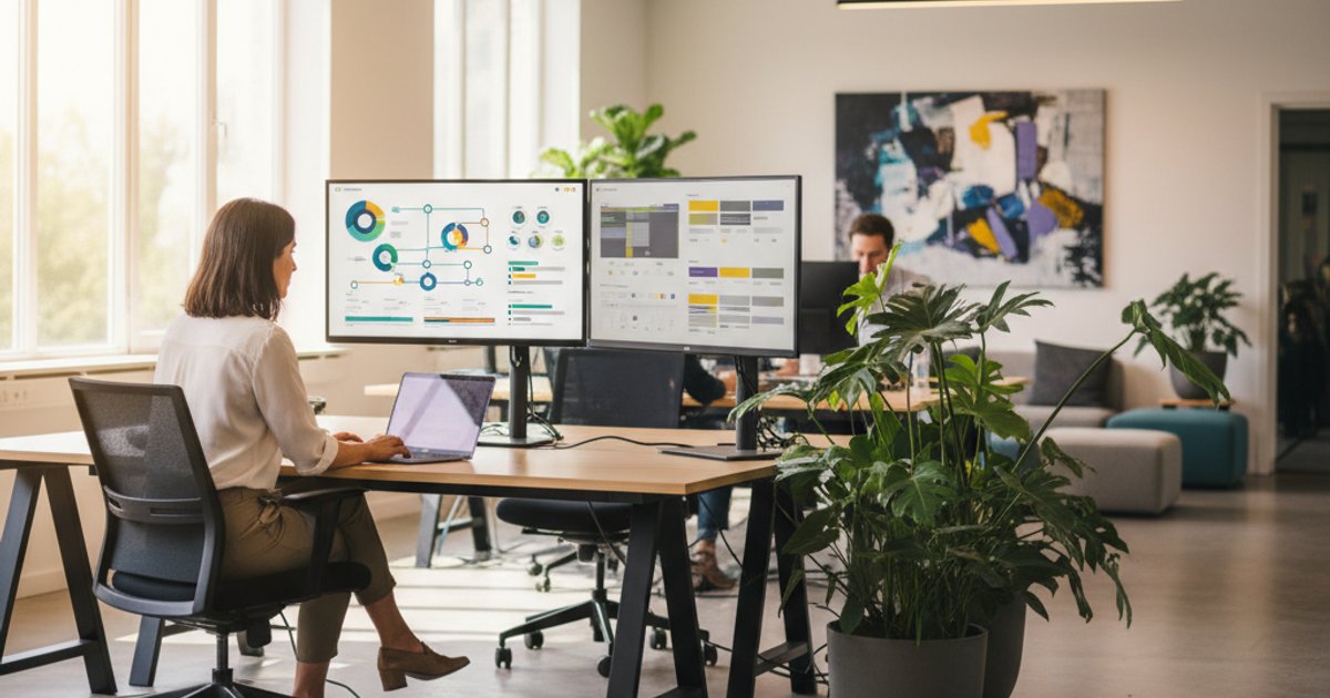 Kantoormedewerker die klantgegevens controleert op twee computerschermen met CRM en ERP systemen