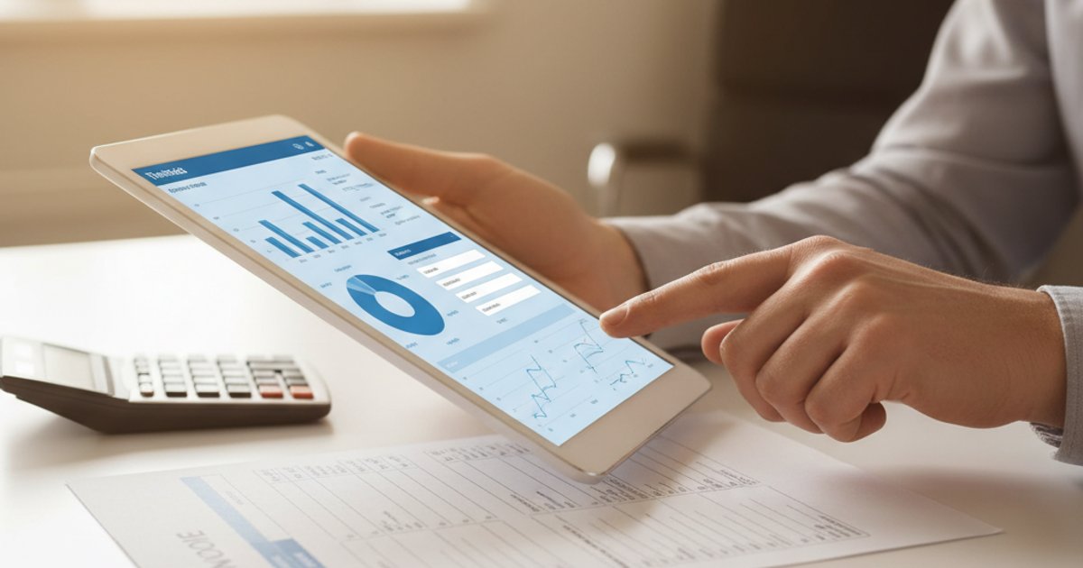 Close-up van handen die een factuur controleren op tablet met Twinfield dashboard op achtergrond