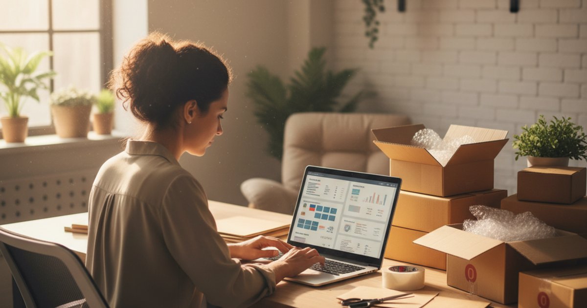 Ondernemer achter laptop met webshop dashboard en Twinfield schermen open, pakketjes op bureau