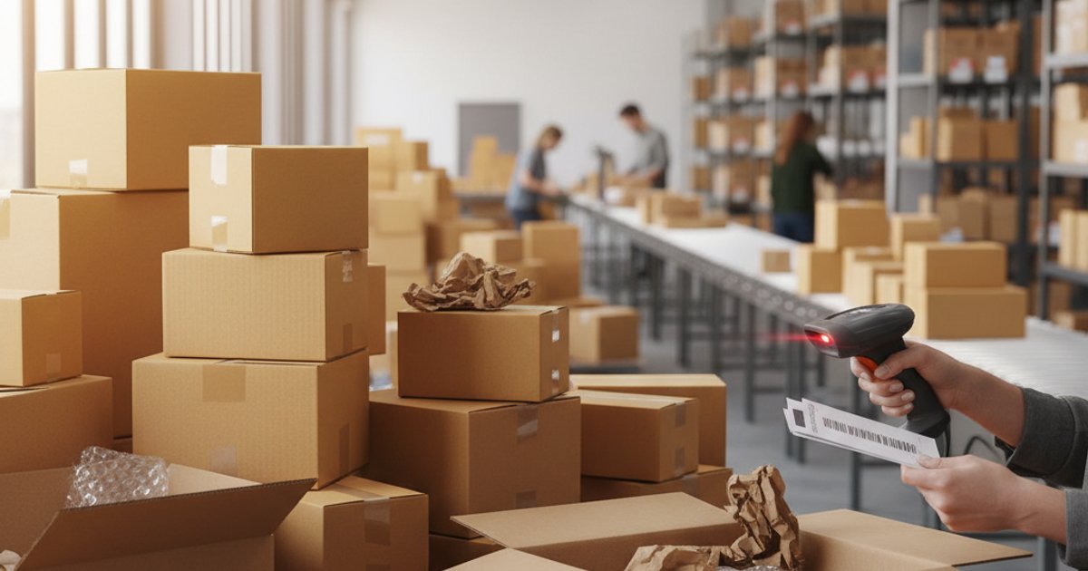 Close-up van handen die verzendlabels scannen bij stapels kartonnen dozen in modern magazijn