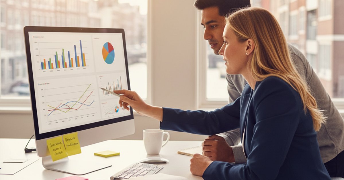 Twee ondernemers bekijken financiële rapporten op groot scherm in modern Nederlands kantoor