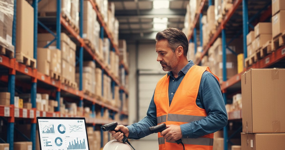 Warehouse medewerker controleert voorraad op laptop met orderdashboard achtergrond magazijn