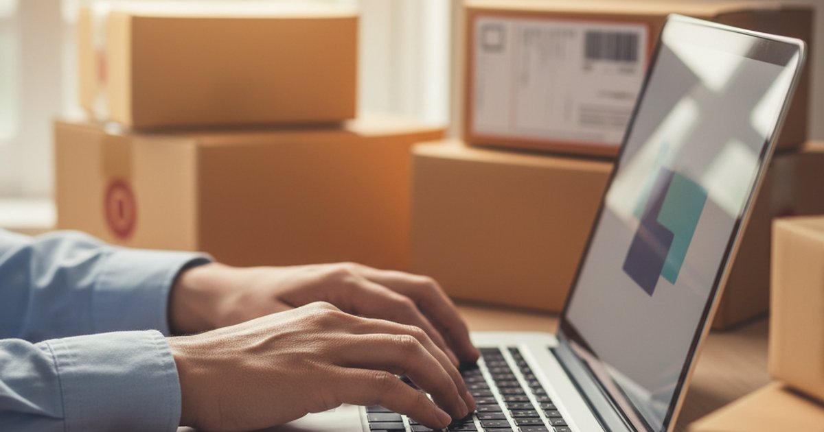 Close-up handen typen laptop met verzendlabels en kartonnen dozen achtergrond modern kantoor